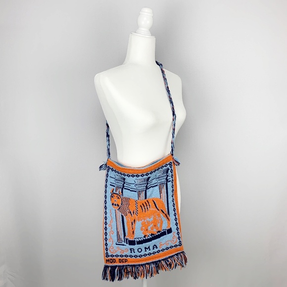 Vintage Handbags - VINTAGE Blue And Orange Hand Knit Roma Ima…